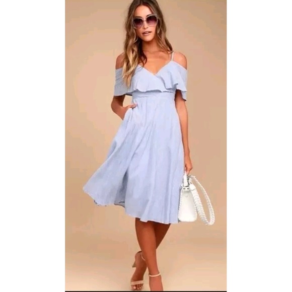 Lulus Dresses & Skirts - Lulus | Size L | Off the Shoulder Blue & White Striped Flowy Woven Dress Lined